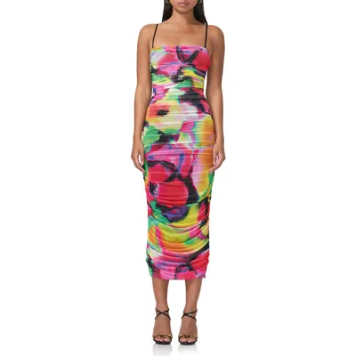 Afrm Hazel Print Ruched Mesh Midi Dress In Spray Floral
