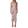 Afrm Hazel Print Ruched Mesh Midi Dress In Tropical Convo