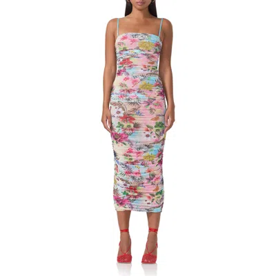 Afrm Hazel Print Ruched Mesh Midi Dress In Tropical Convo