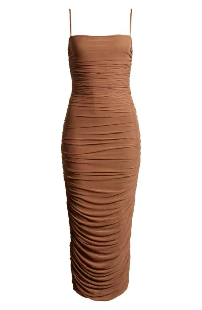 Afrm Hazel Ruched Mesh Midi Body-con Dress In Raw Umber