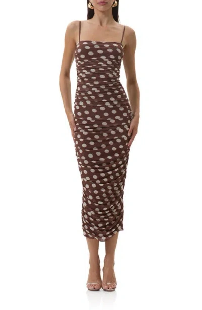 Afrm Hazel Ruched Mesh Midi Dress In Brown
