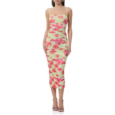 Afrm Hazel Ruched Mesh Midi Dress In Multi