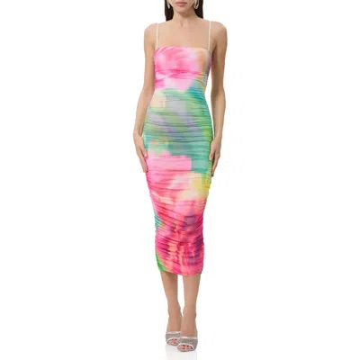 Afrm Hazel Ruched Mesh Midi Dress In Multi