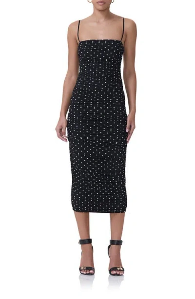 Afrm Hazel Printed Ruched Midi Dress In Noir Dot