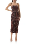 Afrm Hazel Ruched Printed Lace Midi Dress In Brown