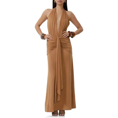 Afrm Heidi Plunge Halter Neck Faux Suede Maxi Dress In Caramel