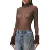 Afrm Helena Ruffle Trim Long Sleeve Mesh Shirt In Brown