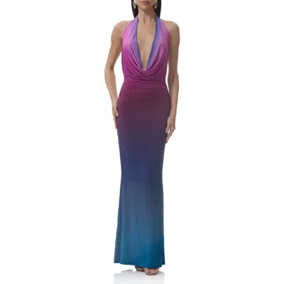 Afrm Imade Plunge Halter Neck Ombré Maxi Dress In Blue
