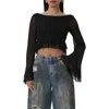 Afrm Inaya Layered Bell Sleeve Crop Top In Noir