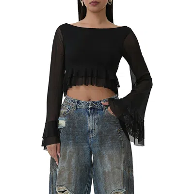 Afrm Inaya Layered Bell Sleeve Crop Top In Noir