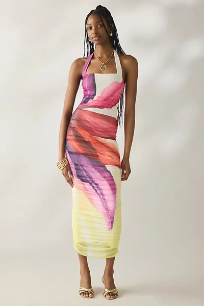 Afrm Indiana Lemon Lotus Mesh Ruched Bodycon Midi Dress In Lemon Lotus, Women's At Urban Outfitters In Multi