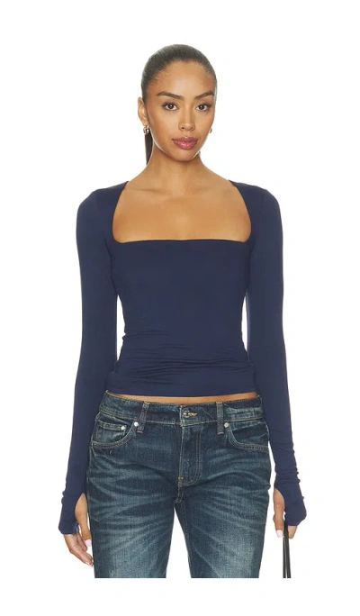 Afrm Ines Knit Crepe Top In Navy