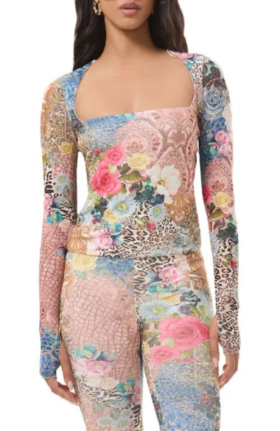 Afrm Ines Mix Print Square Neck Top In Multi