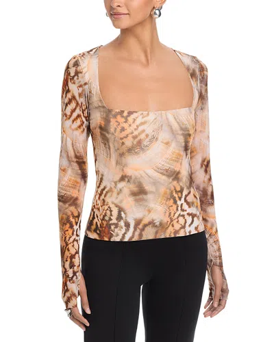 Afrm Ines Long Sleeve Abstract Print Mesh Top In Brown