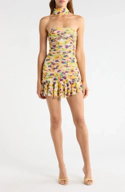 Afrm Ineson Floral Print Strapless Minidress In Brown