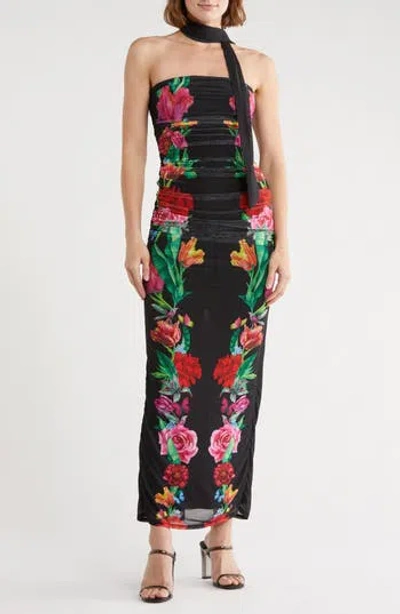 Afrm Ira Strapless Ruched Mesh Maxi Dress