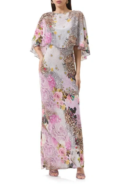 Afrm Izel Mix Print Maxi Slip Dress With Removable Cape In Multi