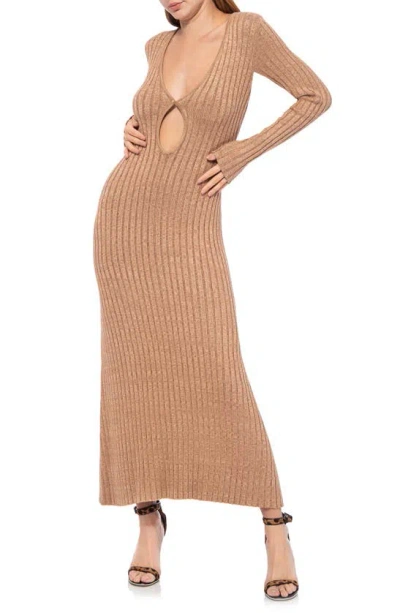 Afrm Java Long Sleeve Rib Sweater Dress In Marled Tan