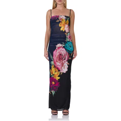 Afrm Jennan Floral Ruched Mesh Maxi Dress In Navy Block Floral
