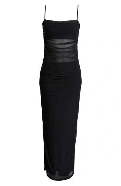 Afrm Jennan Sheer Ruched Mesh Maxi Dress In Noir