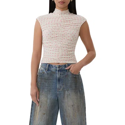 Afrm Jolie Mock Neck Sleeveless Top In Coral Micro Dot