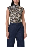 Afrm Jolie Ruched Funnel Neck Mesh Top In Fall Animal