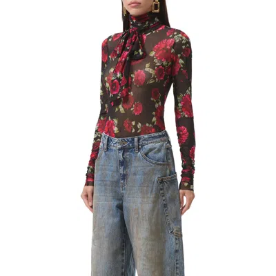 Afrm Julien Tie Neck Turtleneck Mesh Top In Black