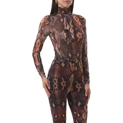Afrm Julien Tie Neck Turtleneck Mesh Top In Brown
