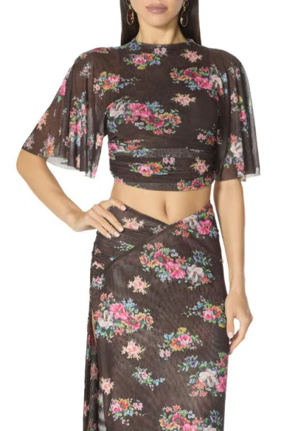 Afrm Kailie Ruched Flutter Sleeve Mesh Crop Top In Multi