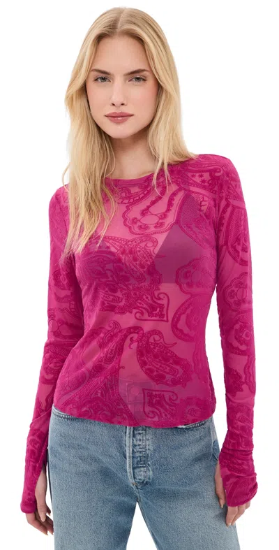 Afrm Kaylee Flocked Mesh Shirt Fuchsia Paisley In Pink