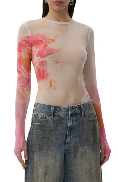 Afrm Kaylee Long Sleeve Mesh Top In Cloud Floral
