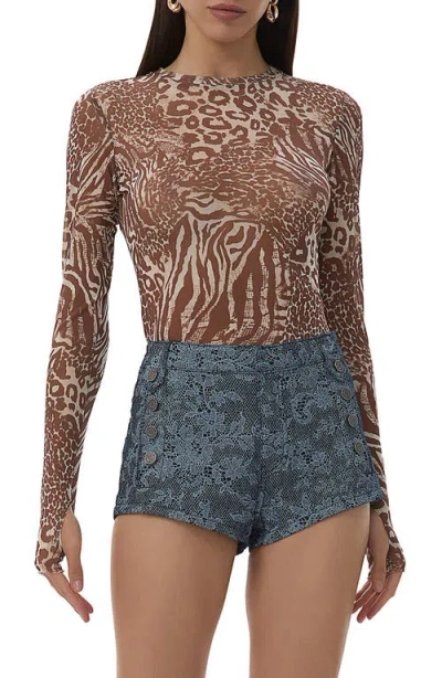 Afrm Kaylee Long Sleeve Mesh Top In Taupe Animal