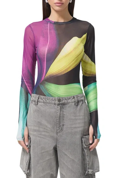 Afrm Kaylee Print Sheer Mesh Top In Black Lotus