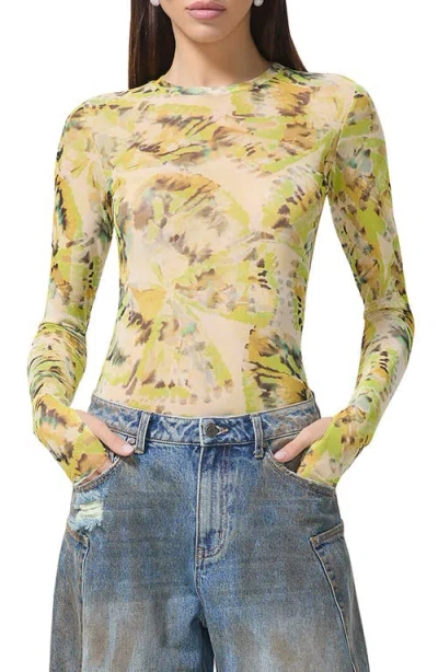 Afrm Kaylee Print Sheer Mesh Top In Lime Wing