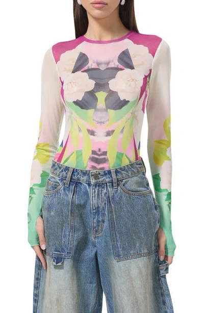 Afrm Kaylee Print Sheer Mesh Top In Mirror Tropical