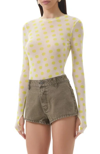 Afrm Kaylee Printed Long Sleeve Mesh Top In Yellow