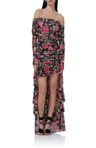 Afrm Kellie Floral Off The Shoulder Long Sleeve High-low Dress In Wallpaper Rose
