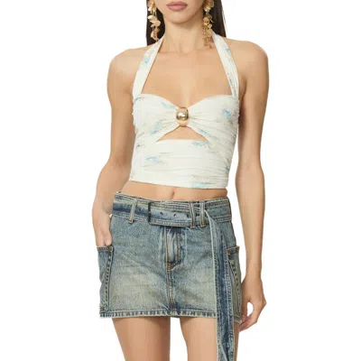 Afrm Kirrily Ruched Embellished Cutout Crop Halter Top In White