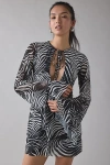 Afrm Kori Desert Zebra Tie-front Keyhole Cutout Bell Sleeve Mini Dress In Desert Zebra, Women's At Urban  In Black