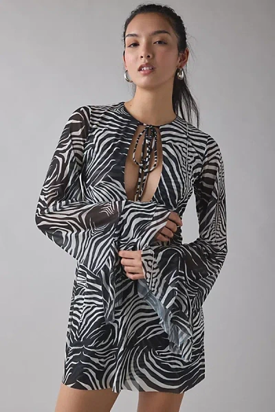 Afrm Kori Desert Zebra Tie-front Keyhole Cutout Bell Sleeve Mini Dress In Desert Zebra, Women's At Urban  In Black
