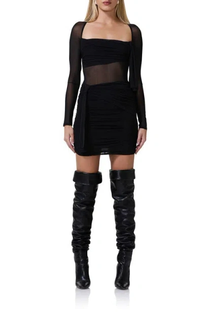 Afrm Kylie Sheer Detail Long Sleeve Minidress In Noir