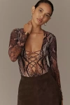 Afrm Lace-up Mesh Long-sleeve Bodysuit In Brown