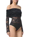 Afrm Lennox Ruched Off The Shoulder Lace Bodysuit In Black