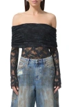 Afrm Lennox Ruched Off The Shoulder Lace Bodysuit In Black