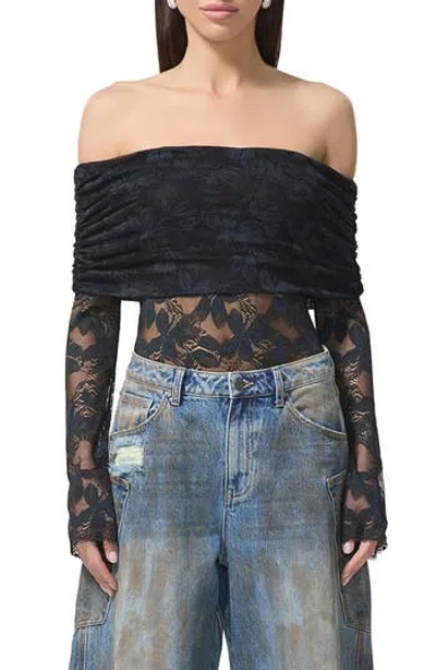 Afrm Lennox Ruched Off The Shoulder Lace Bodysuit In Black