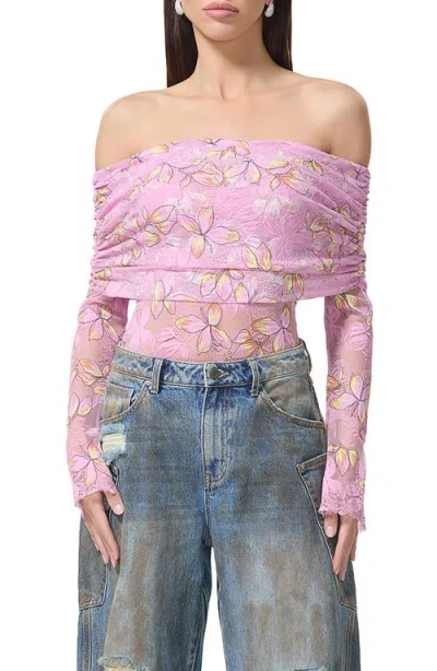 Afrm Lennox Ruched Off The Shoulder Lace Bodysuit In Lilac Lace