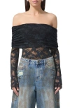 Afrm Lennox Ruched Off The Shoulder Lace Bodysuit In Black