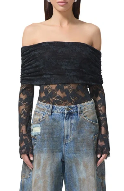 Afrm Lennox Ruched Off The Shoulder Lace Bodysuit In Noir