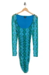Afrm Leona Ruched Long Sleeve Knit Dress In Teal Snake