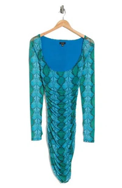 Afrm Leona Ruched Long Sleeve Knit Dress In Teal Snake